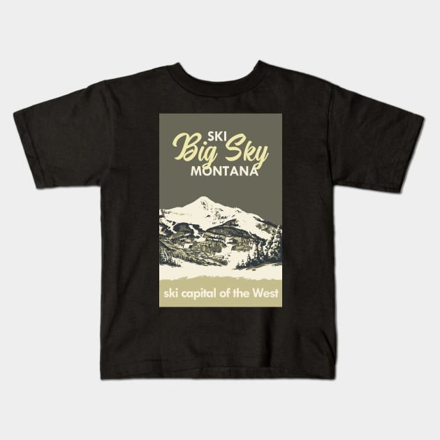 Grey Ski Big Sky Montana Vintage Ski Poster Kids T-Shirt by ROEDERcraft